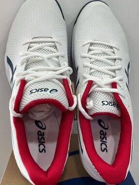 Asics White Sneakers with Red Collar and Navy Accents, New in original box.